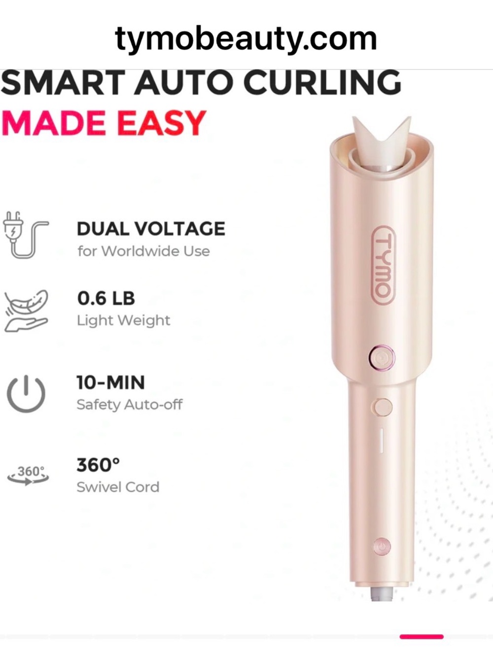 Tymo Rose Gold Auto Curling Wand - Smart Auto Curler